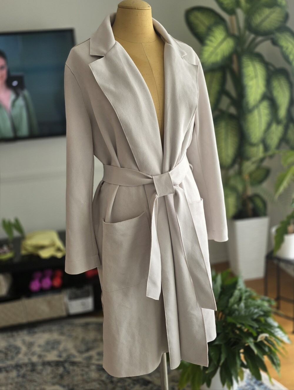 Magaschoni Belted Open Front Coatigan Beige Size M Soft Knit Jacket - Picture 2 of 6